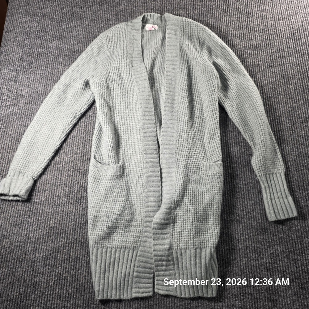 Shrinking Violet Women XL Sage Green Waffle Knit Open Front Longline Cardigan